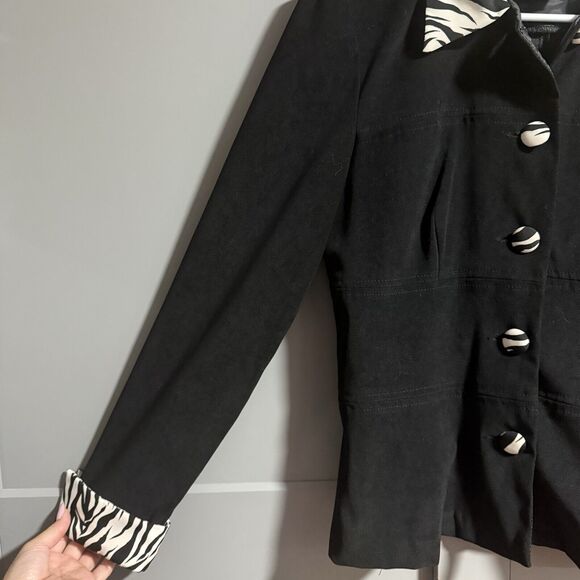 R&K Petite Women Zebra Accent Button Up Collar Jacket Black 2P Small Y2K Animal - Picture 2 of 6